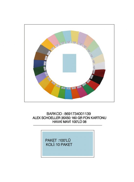 Alex Schoeller Fon Kartonu 160 GR 35x50 08 Havai Mavi (1 Adet)