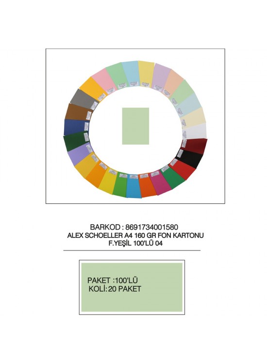 Alex Schoeller Fon Kartonu 160 GR A4 04 Fıs Yeşili (1 Adet)