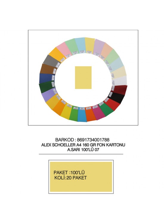 Alex Schoeller Fon Kartonu 160 GR A4 07 A Sarı (1 Adet)