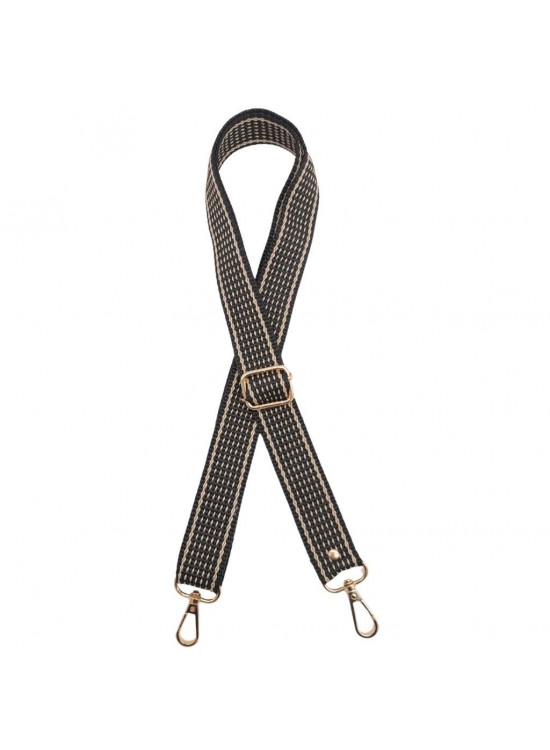 Çanta Aksesuar 120x3 cm Polyester Kolon Çanta Sapı Koyu Kahve Renk Bej Şeritli Light Gold Metalli