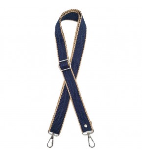 Çanta Aksesuar 120x3 cm Polyester Kolon Çanta Sapı Lacivert Renk Bej Şeritli Gümüş Metalli