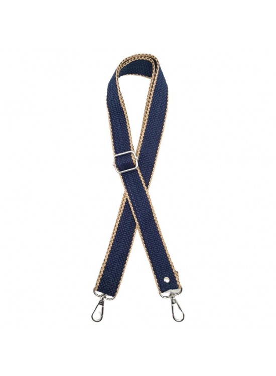 Çanta Aksesuar 120x3 cm Polyester Kolon Çanta Sapı Lacivert Renk Bej Şeritli Gümüş Metalli