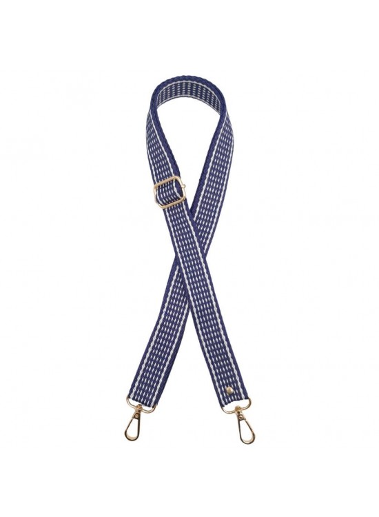 Çanta Aksesuar 120x3 cm Polyester Kolon Çanta Sapı Lacivert Renk Beyaz Şeritli Light Gold Metalli