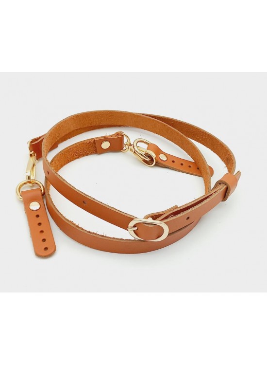 Çanta Aksesuar 130x1.5 cm Taba-Turuncu Gerçek Deri Light Gold Tokalı Çanta Sapı