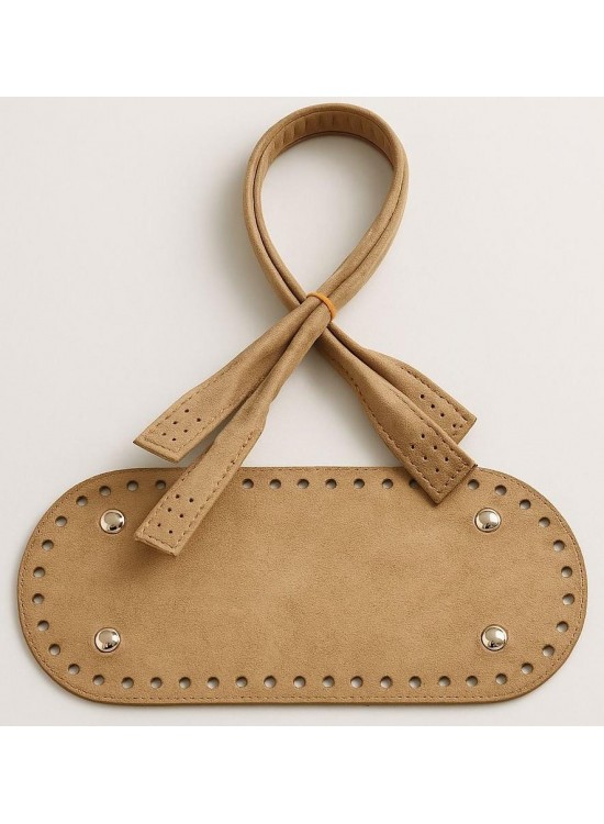 Çanta Aksesuar 25x12 Cm Suni Deri Nubuk Bej Renk Taban Ve Pelikan Model Çanta Sapı Seti Gümüş Metalli