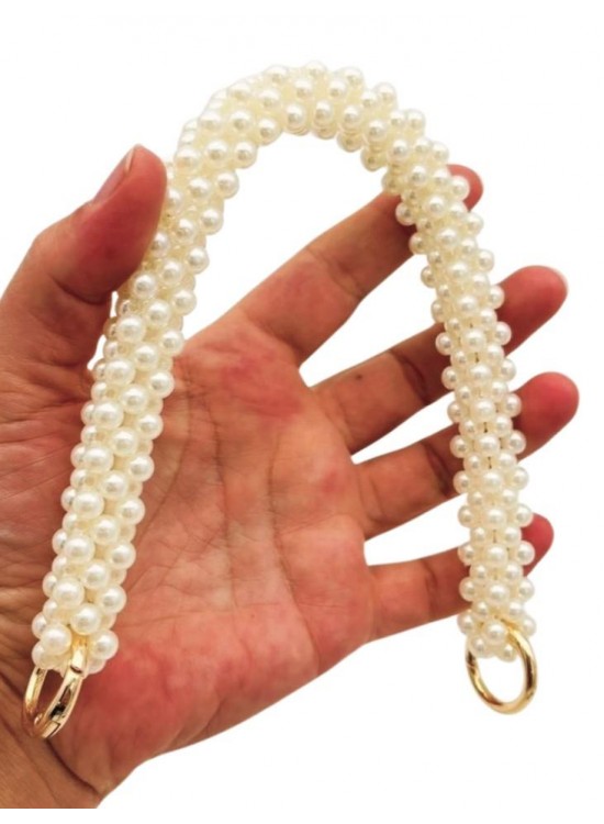 Çanta Aksesuar 31 cm Krem Boncuklu Kare Model Çanta Sapı Yaylı Halkalı