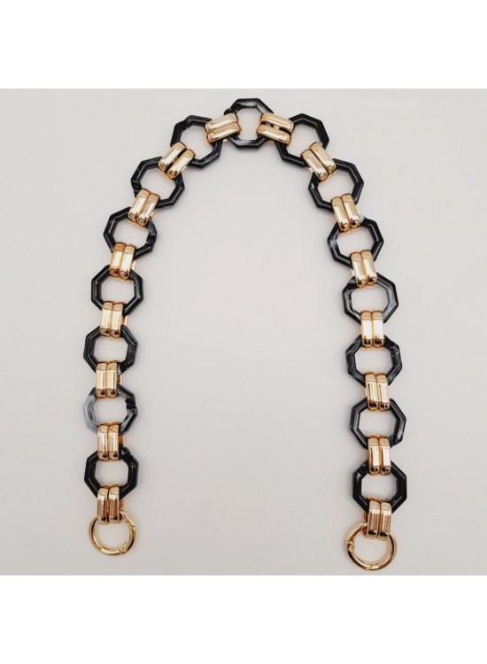 Çanta Aksesuar 48 cm Sekizgen Akrilik Çanta Sapı Zinciri Füme Siyah Ebruli Renk Light Gold Metal