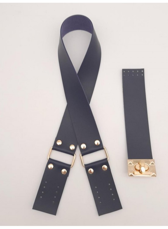 Çanta Aksesuar 70x4 cm Suni Deri Çanta Saplı Kapaklı Lacivert Çanta Seti Light Gold Metalli