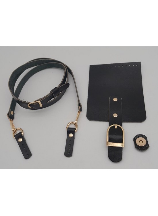 Çanta Aksesuar Siyah Gerçek Deri 130x1.5 cm Ayarlı Saplı Çanta Seti Light Gold Metalli