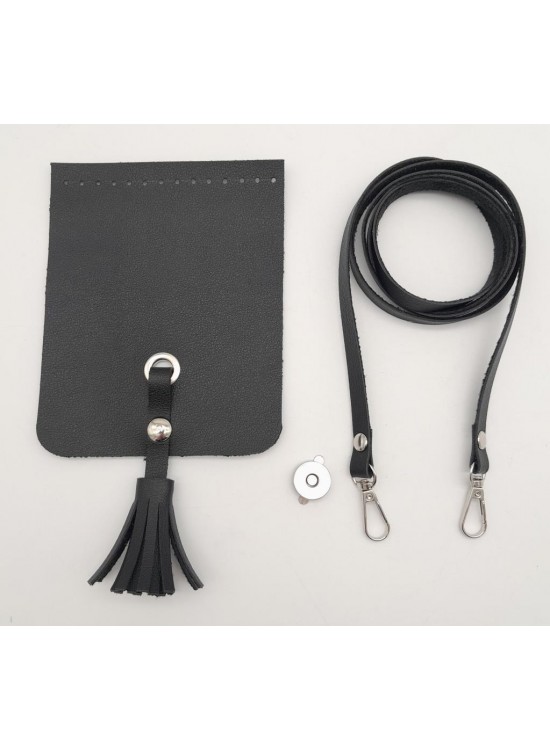 Çanta Aksesuar Siyah Suni Deri Püskül Kapaklı Cep Telefonu Mini Bag Çanta Seti Gümüş Metal