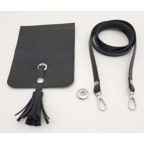 Çanta Aksesuar Siyah Suni Deri Püskül Kapaklı Cep Telefonu Mini Bag Çanta Seti Gümüş Metal