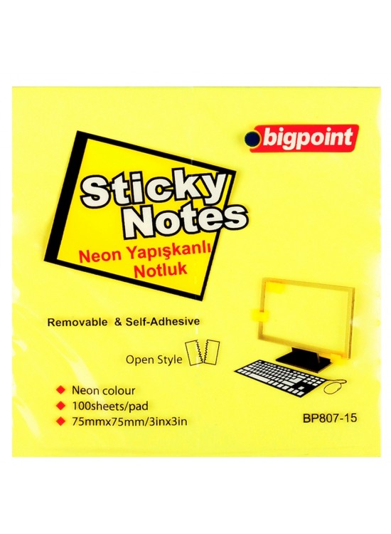 Bigpoint Yapışkanlı Not Kağıdı 75x75 Neon Sarı BP807-15 (1 Adet)