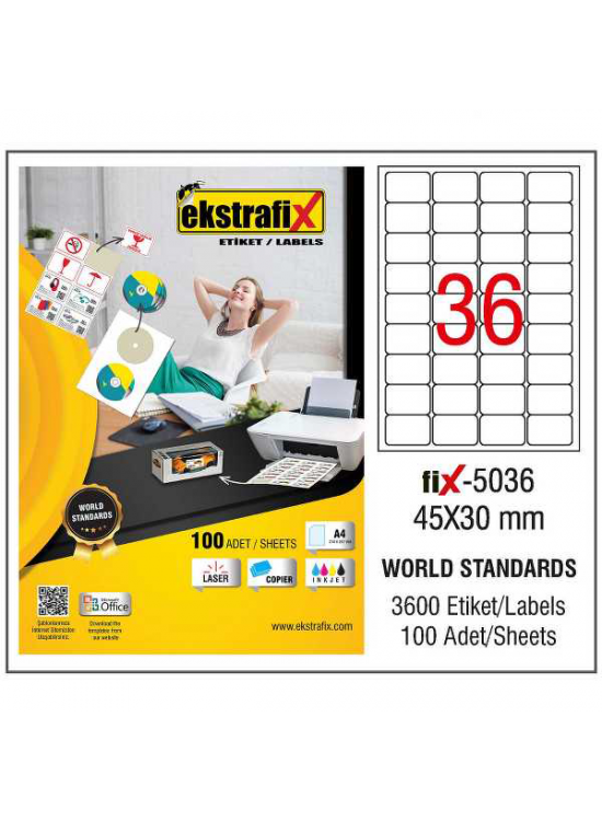 Ekstrafix Laser Etiket 100 YP 45x30 Laser-Copy-Inkjet FİX-5036