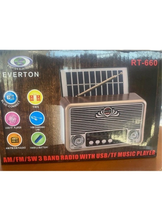 Everton Rt-660  Bluetooth Fm-Usb-Tf-Aux Şarjlı Nostaljik Radyo Solar (Güneş Panelli)