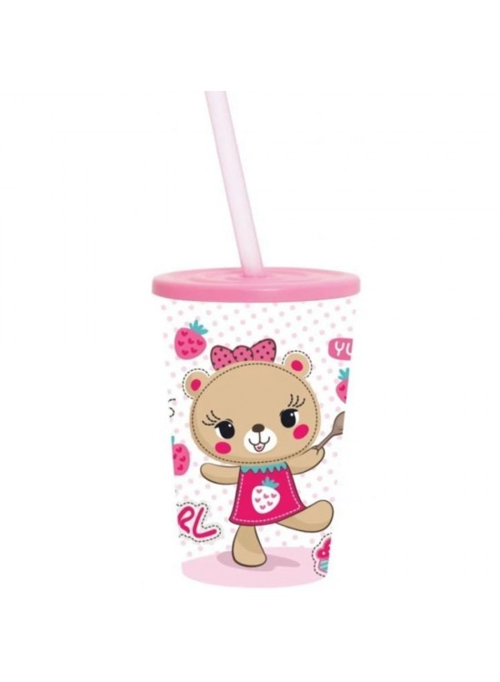 Herevin Süslü Pipetli Bardak-Desenli-Pembe Ayıcık 450 Cc 161841-004