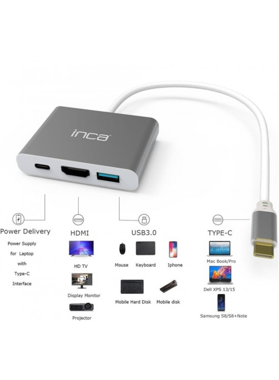 Inca ITPC-04TX Type-c Hub HDMI 4K@30hz USB3.0+PD100W Akım ve Voltaj Korumalı Alüminyum Çoklayıcı