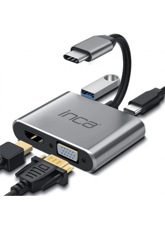 Inca ITPC-06TX USB C 4in1 – HDMI+VGA+USB+Güç Dağıtım Adap 4K@30Hz HDMI Çoklayıcı 100W PD Güçı