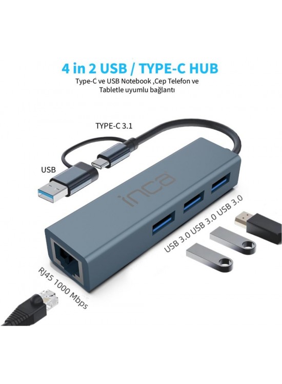 Inca IUTP-03TX Ethernet Usb 3.0+Type-C 3.1 Grişli 000 Mbps 3X3.1Usb Eternet-Çoklayıcı