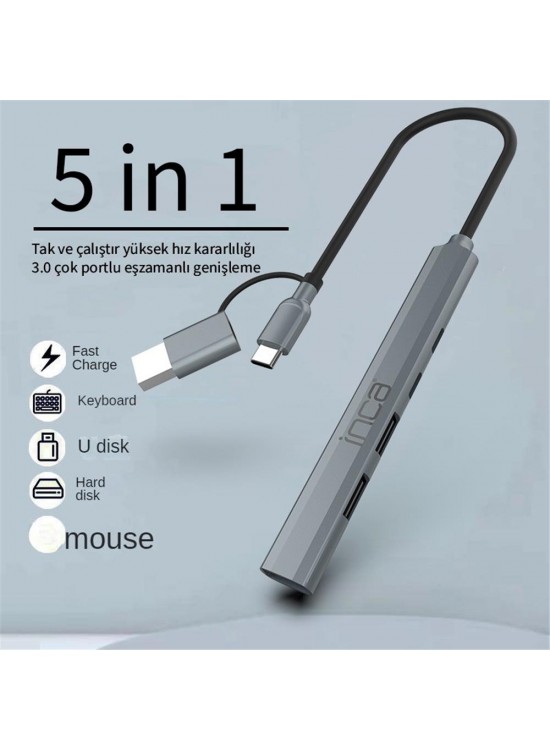 Inca IUTP-06TX 5in1 USB 3.0 + 2xUSB 2.0+Type-C+PD 100W USB+Type-C Çoklayıcı 3.0 ile 5 Gbps