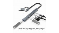 Inca IUTP-06TX 5in1 USB 3.0 + 2xUSB 2.0+Type-C+PD 100W USB+Type-C Çoklayıcı 3.0 ile 5 Gbps