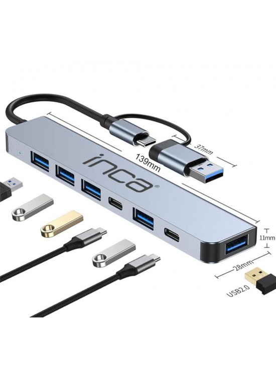 Inca IUTP-7T Usb+Type-c Girişli USB 3.0+4X USB 2.0 Type-C 5V 2X Type-C 100W Çoklayıcı