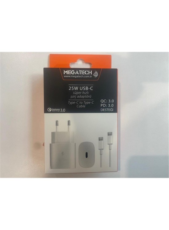 Megatech Mt-25w QC:3.0 PD:3.0 Ev Şarj Kafa+ Type-C To Type-C Şarj Kafası Hızlı Şarj