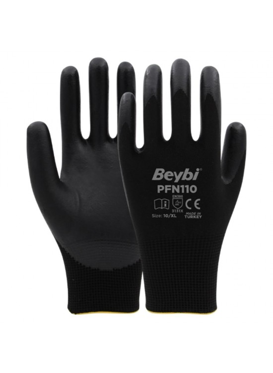 PFN110 10 Beden Siyah Polyester Örgü Üzeri ½ Köpük Nitril Kaplı Eldiven 12li Paket En388 (3131X)
