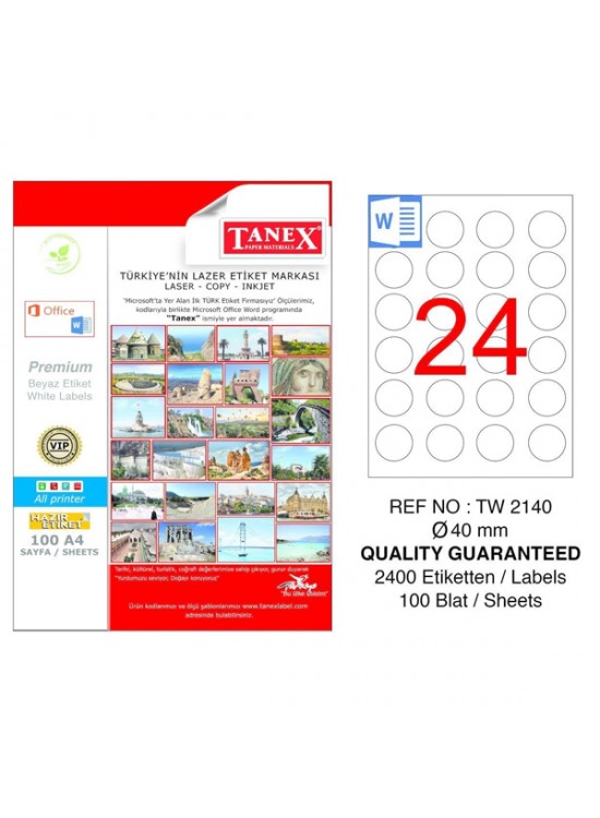 Tanex Laser Etiket 100 YP 0.40 MM Laser-Copy-Inkjet Yuvarlak TW-2140