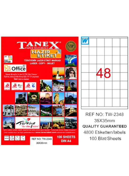 Tanex Laser Etiket 100 YP 35x35 MM Laser-Copy-Inkjet TW-2348