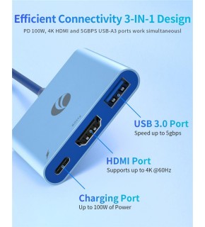 Vcom CUE15 Mavi Type-C To Hdmi(4K@60Hz)+Usb3.0+Pd 3.0 100W Çoklayıcı