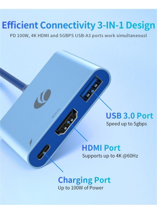 Vcom CUE15 Mavi Type-C To Hdmi(4K@60Hz)+Usb3.0+Pd 3.0 100W Çoklayıcı