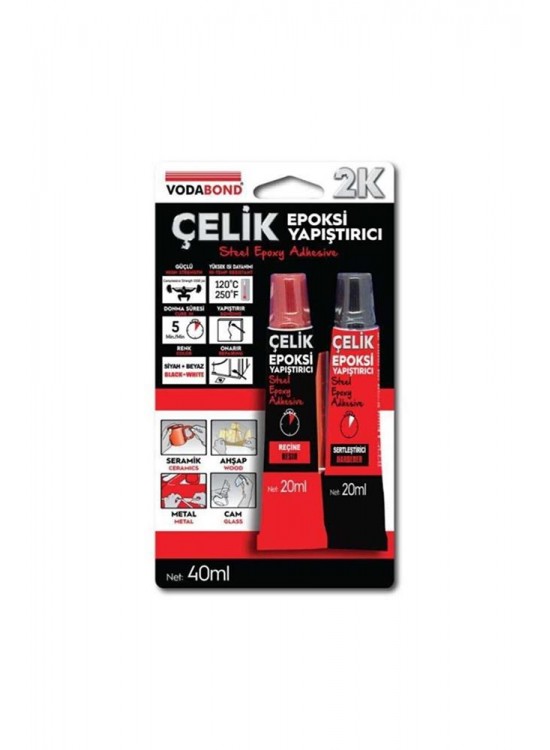 Vodaband 20ML+20ML Çelik Epoksi Yapıştırıcı Siyah+Beyaz(Reçine+Sertleştirici)